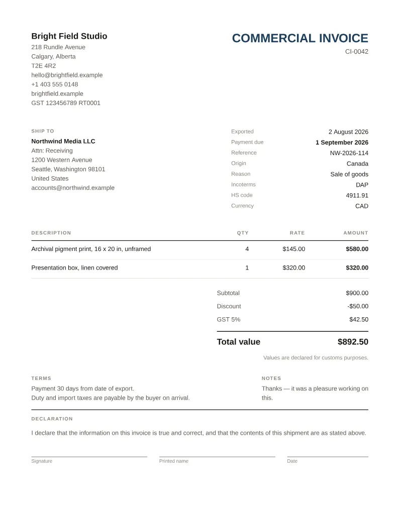 A commercial invoice made with this tool