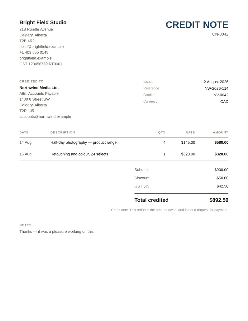 A credit note made with this tool