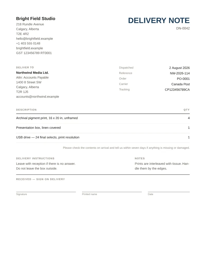 A delivery note made with this tool
