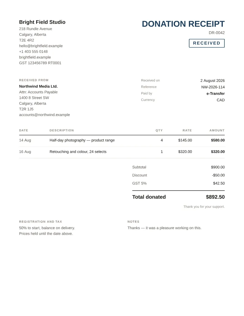 A donation receipt made with this tool
