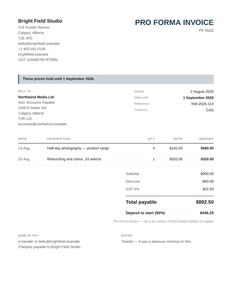 A pro forma invoice made with this tool