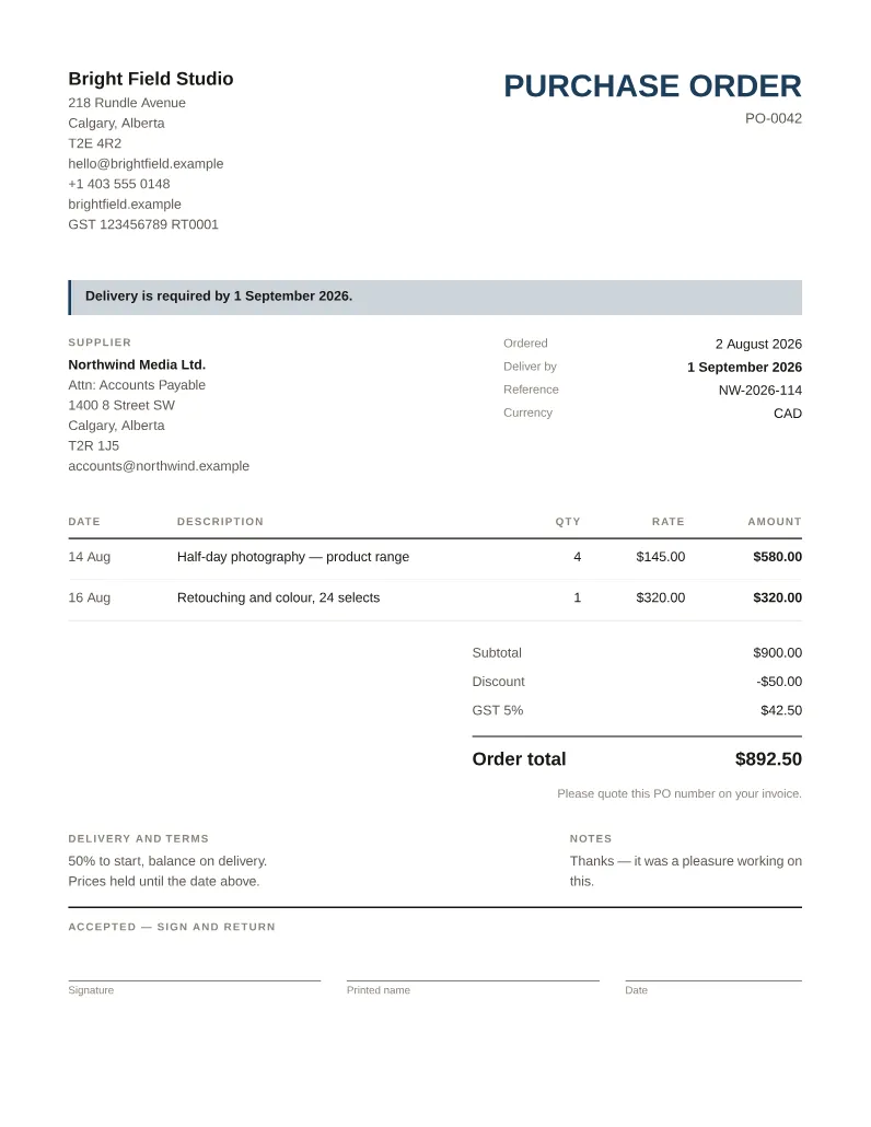 A purchase order made with this tool