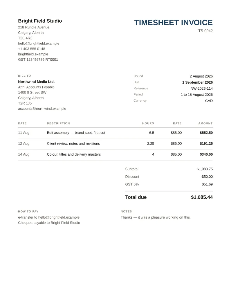 A timesheet invoice made with this tool